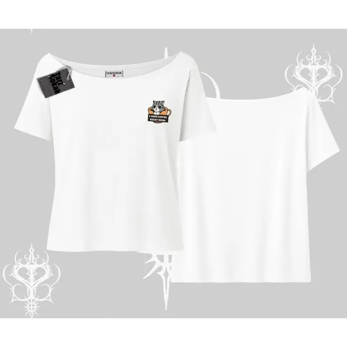 Need Coffee Right Meow Yazılı Kedi Baskılı Kayık Yaka Tshirt