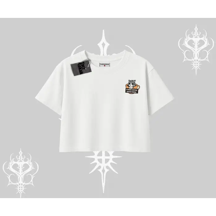 Need Coffee Right Meow Yazılı Kedi Baskılı Oversize Crop Tshirt