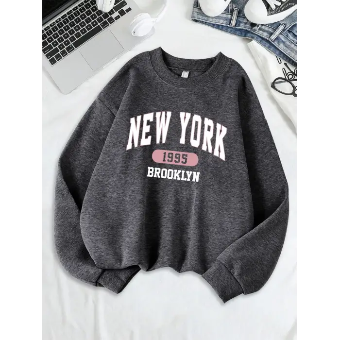 New York Brooklyn 1955 Baskılar Tişörtü Kadın Bisiklet Yaka Rahat Kapüşonlular Gevşek Polar S