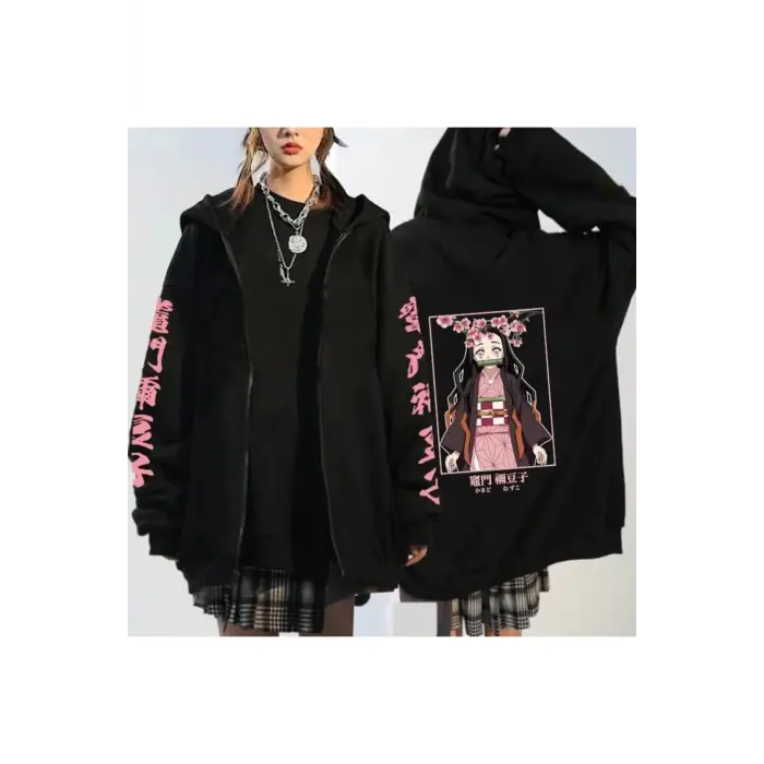 Nezuko Anime Demon Hoodie Kimetsu Fermuarlı 15123