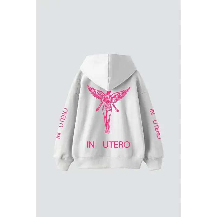 Nirvana In Utero Pembe Baskılı Oversize Unisex Beyaz