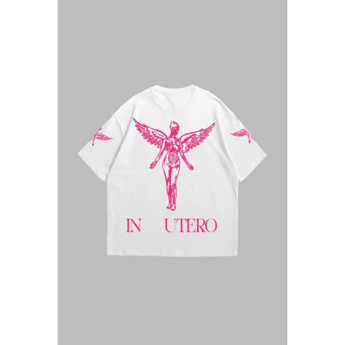 Nirvana In Utero Pembe Baskılı Oversize Unisex Beyaz
