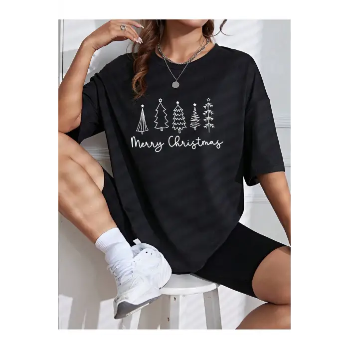 Noel Baskılı Damla Omuz Tişört