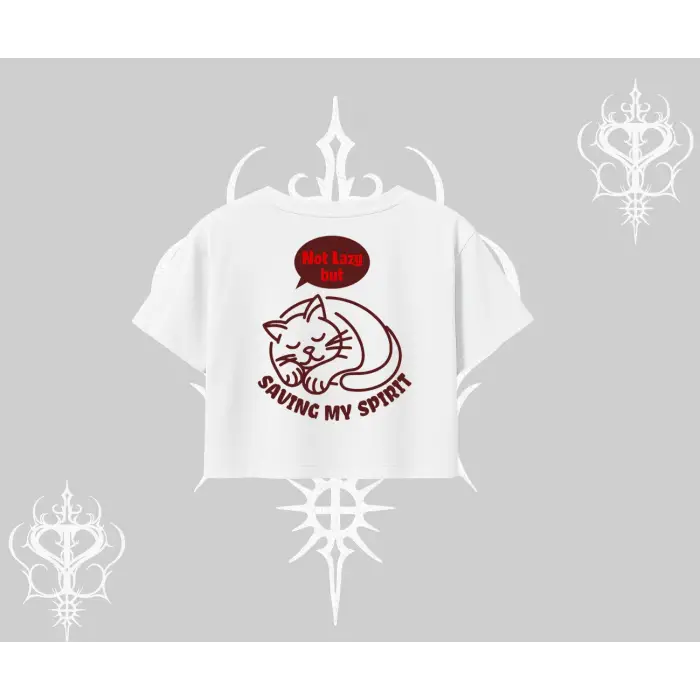 Not Lazy Saving My Spirit Kedi Baskılı Oversize Crop Tshirt
