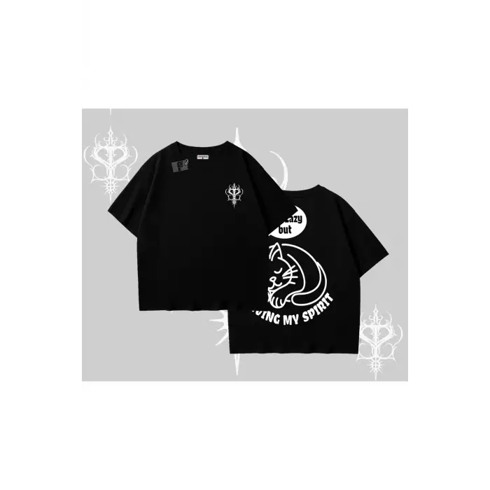 Not Lazy Saving My Spirit Kedi Baskılı Oversize Tshirt