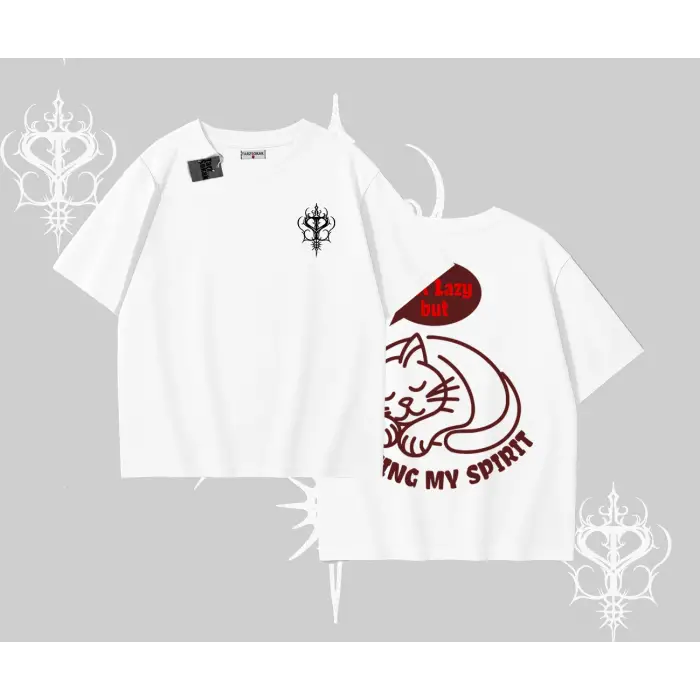 Not Lazy Saving My Spirit Kedi Baskılı Oversize Tshirt
