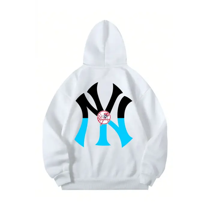 NY Renkli Baskılı Oversize Kapüşonlu Sweatshirt Beyaz