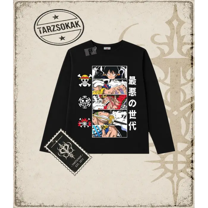 One Piece Anime Karakterleri  Biskilet Yaka  Long Sleeve Beyaz