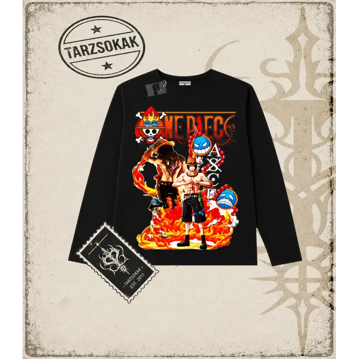 One Piece Anime Karakterleri  Biskilet Yaka  Long Sleeve Beyaz