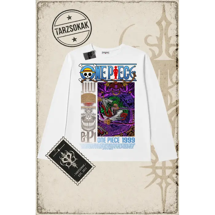 One Piece Anime Karakterleri  Biskilet Yaka  Long Sleeve Beyaz