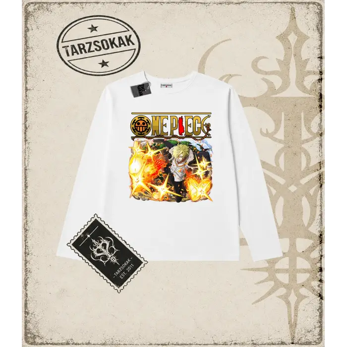 One Piece Anime Karakterleri  Biskilet Yaka  Long Sleeve Beyaz