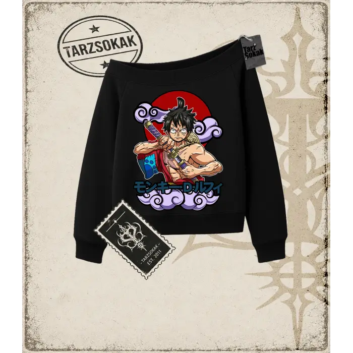 One Piece Anime Karakterleri  Kadın Kayık Yaka Sweatshirt Beyaz