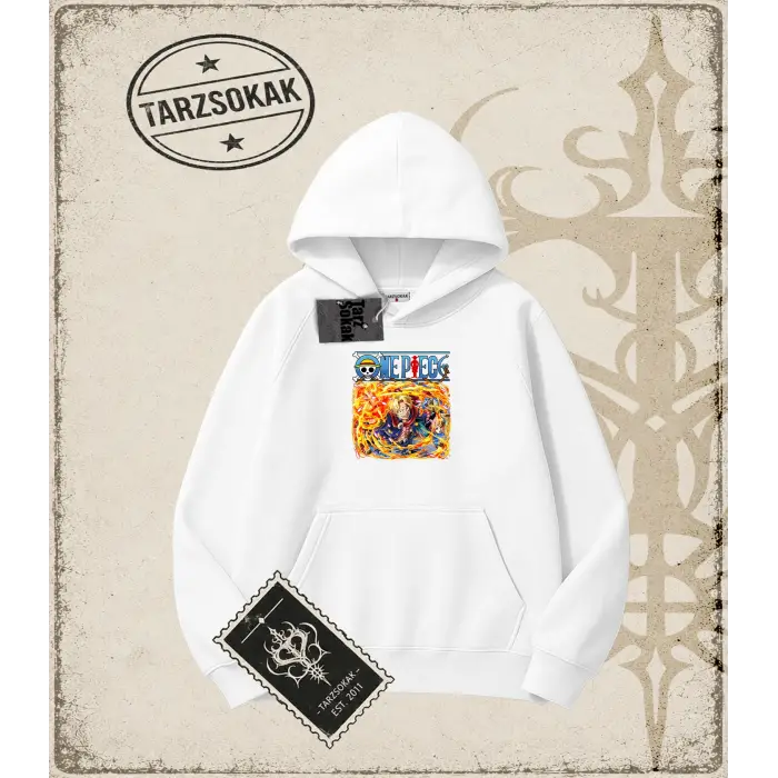 One Piece Anime Karakterleri  Oversize Unisex Kapşonlu Sweatshirt Beyaz