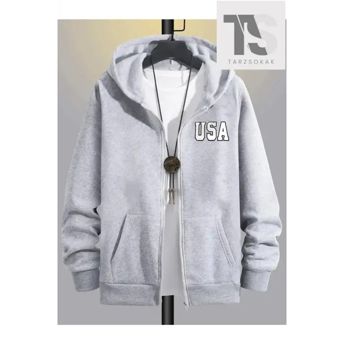 Örme Kumaş Baskılı Fermuarlı Kapüşonlu Sweatshirt Gri