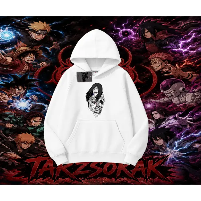 Orochimaru Naruto Anime Karakter Oversize Unisex Kapşonlu Sweatshirt Beyaz