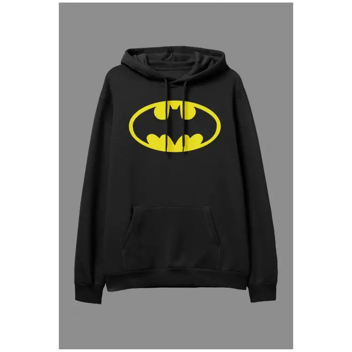 Oversize Batman Tasarım Baskılı Kapüşonlu Sweatshirt Hoodie Siyah