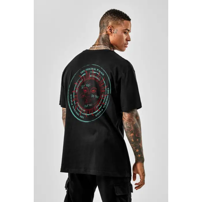 Oversize Bohemian Baskılı Siyah Tshirt NRAGE194