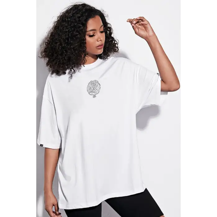 Oversize Cingulomania Baskılı Beyaz Tshirt NRAGE192