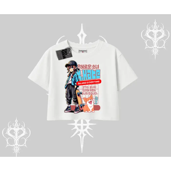 Oversize Crop Tshirt Anime Hiker Girl Balance Is Everything Baskılı