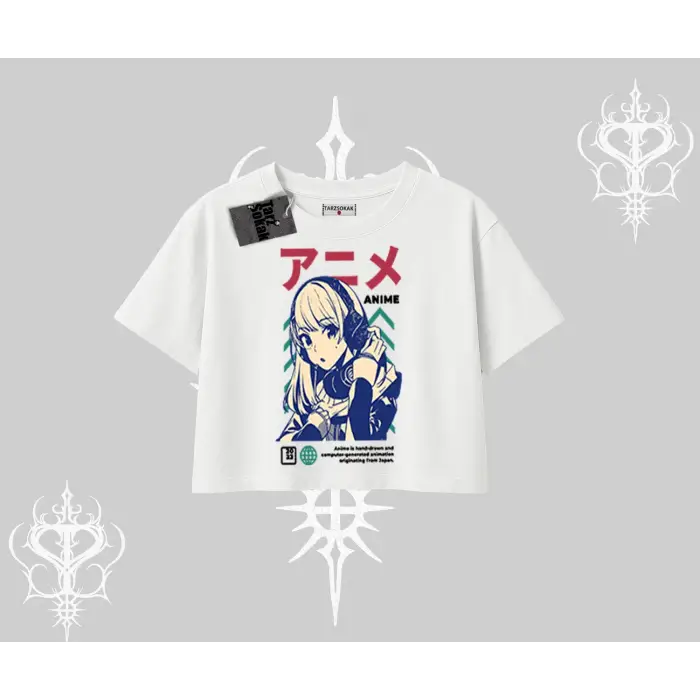 Oversize Crop Tshirt Anime Kız Desenli Japon Tarzı