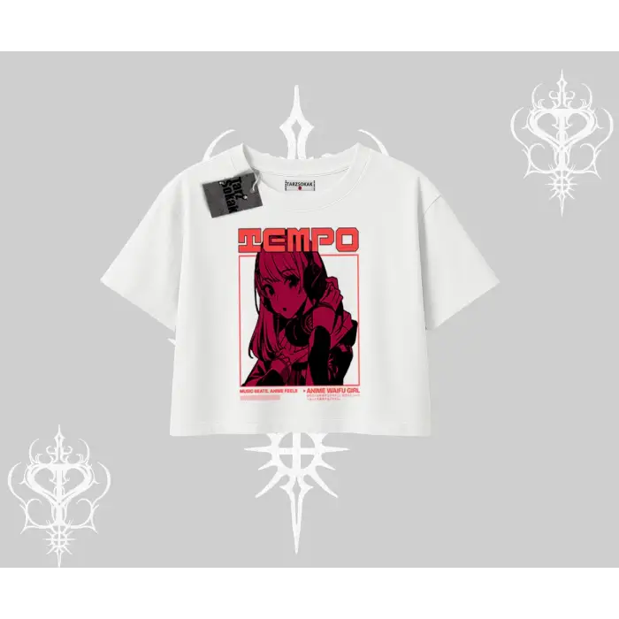 Oversize Crop Tshirt Anime Waifu Kırmızı Grafik Desenli