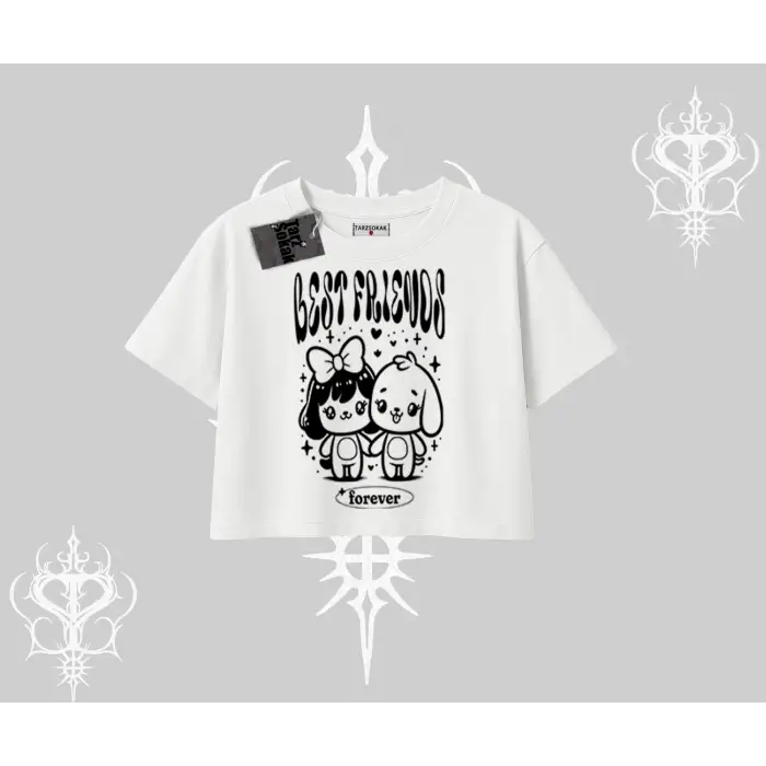 Oversize Crop Tshirt Best Friends Forever Baskılı Sevimli Tasarım
