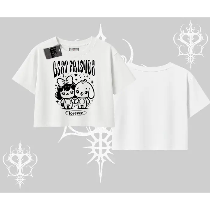 Oversize Crop Tshirt Best Friends Forever Baskılı Sevimli Tasarım