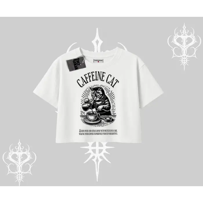 Oversize Crop Tshirt Caffeine Cat Kahve Temalı Kedi Baskılı