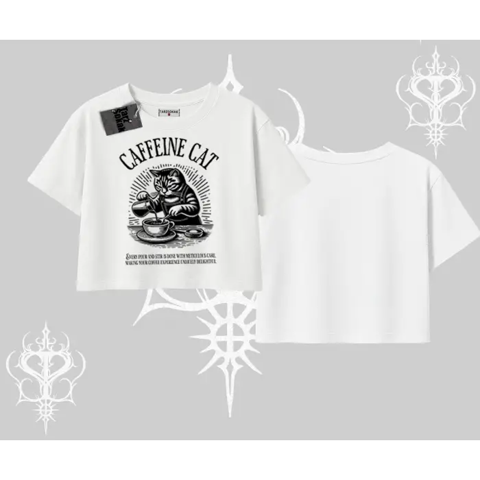 Oversize Crop Tshirt Caffeine Cat Kahve Temalı Kedi Baskılı