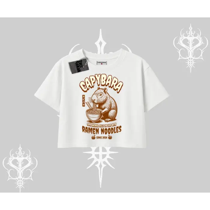 Oversize Crop Tshirt Cute Capybara Enjoying Ramen Noodles Artwork