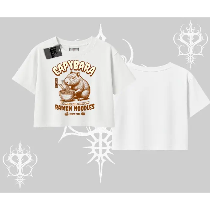 Oversize Crop Tshirt Cute Capybara Enjoying Ramen Noodles Artwork