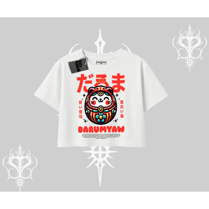 Oversize Crop Tshirt Daruma Kedi Anime Baskılı