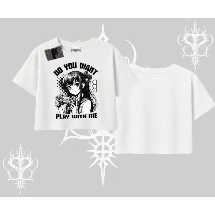 Oversize Crop Tshirt Do You Want Play With Me Anime Kız Baskılı