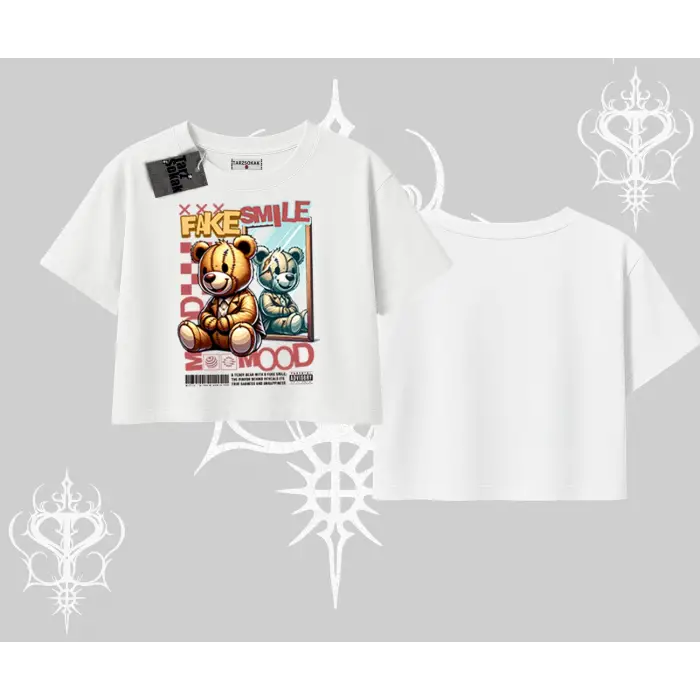 Oversize Crop Tshirt Fake Smile Mood Ayıcık Grafik Baskılı