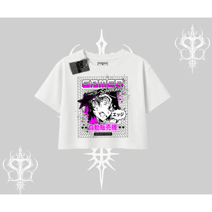 Oversize Crop Tshirt Games Schoolgirl Anime Baskılı
