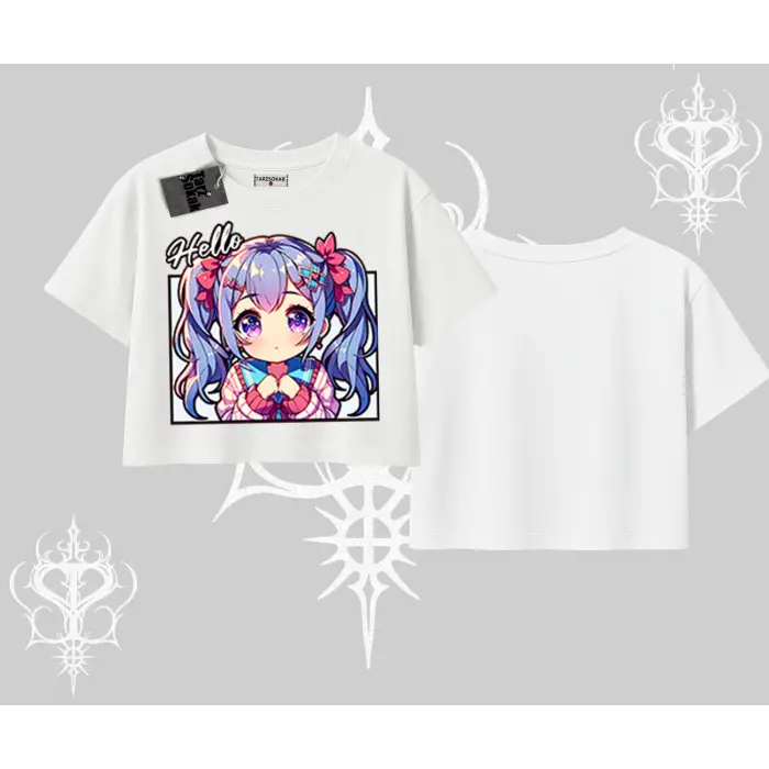 Oversize Crop Tshirt Hello Anime Kız Sevimli Karakter Baskılı
