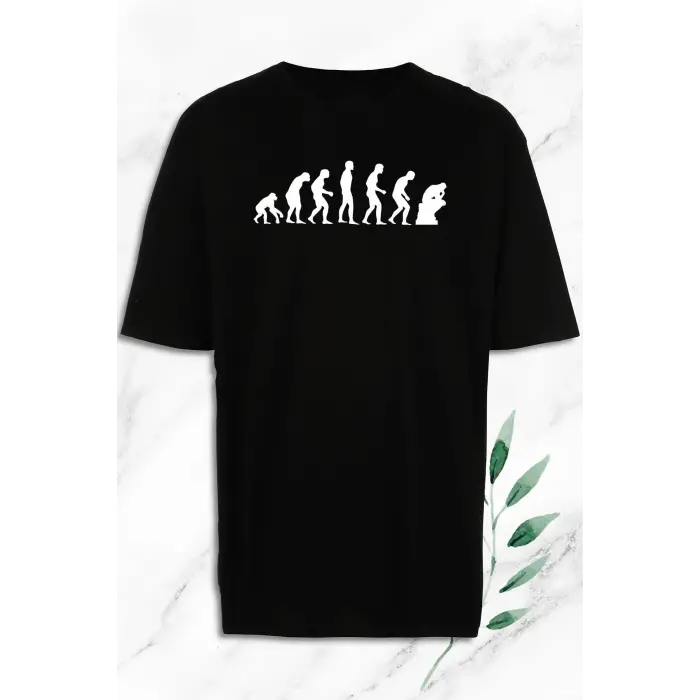 Oversize Evolution Evrim Baskılı Siyah Tişört