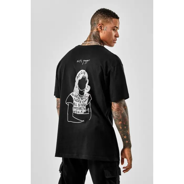 Oversize Mick Jagger Baskılı Siyah Tshirt NRAGE204