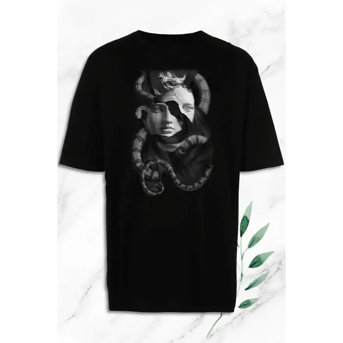 Oversize Mitoloji Trend Heykel Baskılı Beyaz Tişört