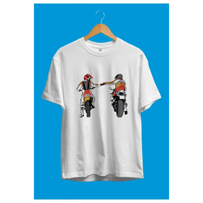 Oversize Motor Ve Motorcu Dostluk Temalı Baskılı Unisex Tişört