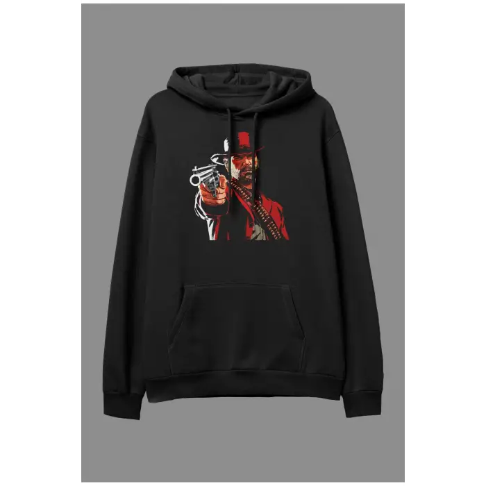 Oversize Red Dead Redemption 2 Tasarım Baskılı Kapüşonlu Sweatshirt Hoodie Siyah
