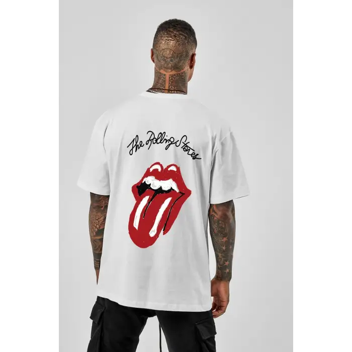 Oversize Rolling Stones Baskılı Beyaz Tshirt NRAGE210