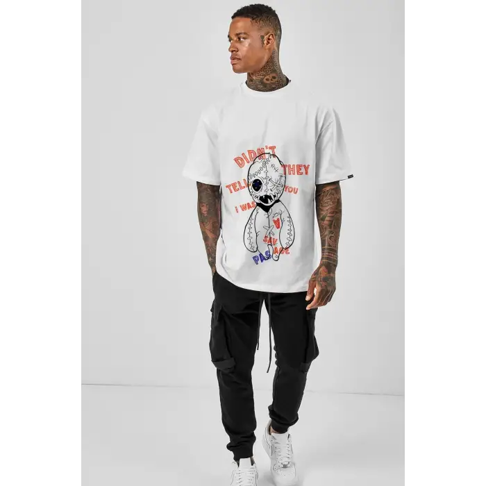 Oversize Savage Baskılı Beyaz Tshirt NRAGE198