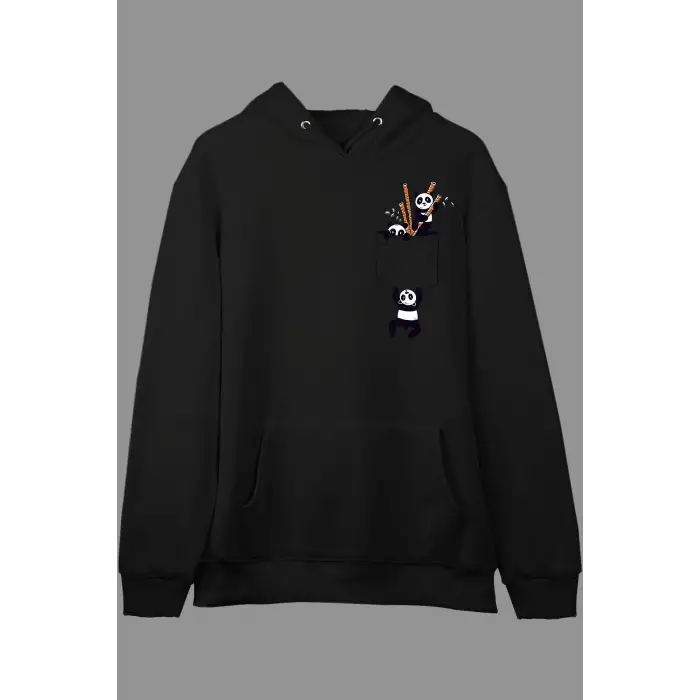 Oversize Sevimli Panda Cep Tasarımlı Baskılı Kapüşonlu Sweatshirt Hoodie Siyah