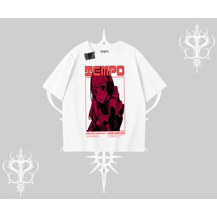 Oversize Tshirt Anime Waifu Kırmızı Grafik Desenli