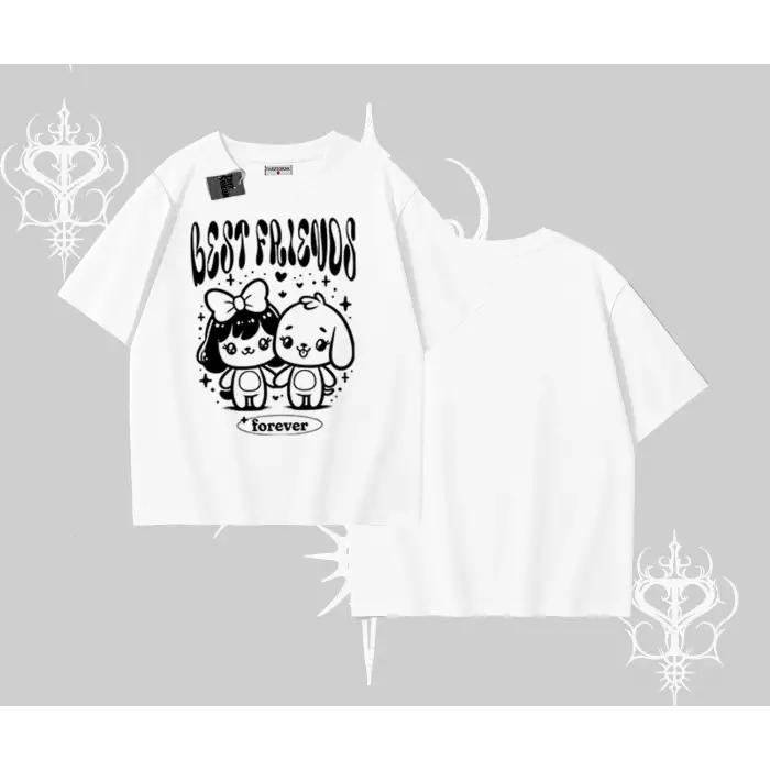 Oversize Tshirt Best Friends Forever Baskılı Sevimli Tasarım