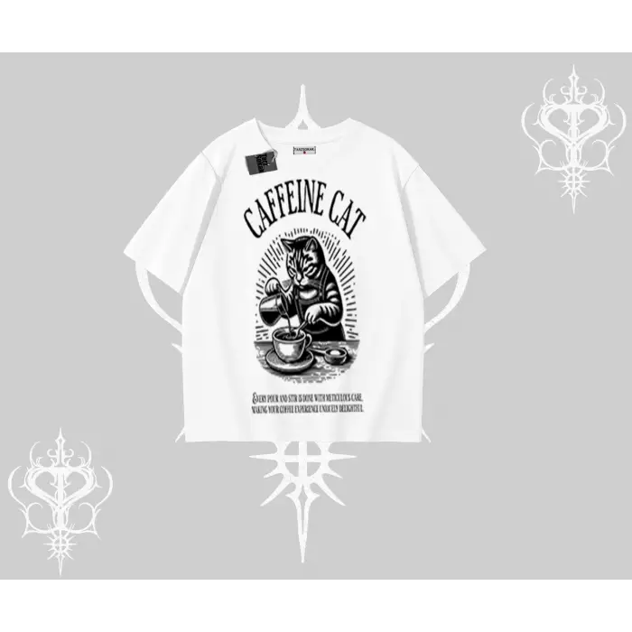 Oversize Tshirt Caffeine Cat Kahve Temalı Kedi Baskılı