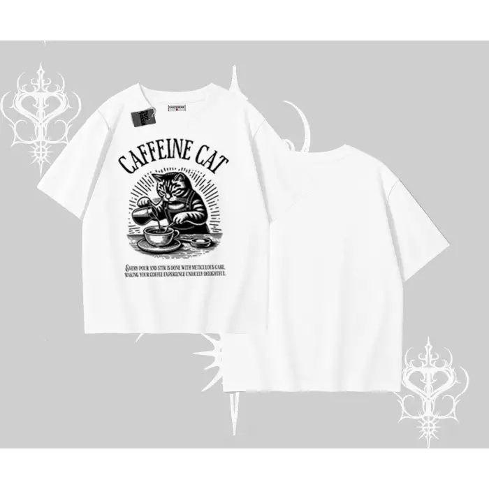 Oversize Tshirt Caffeine Cat Kahve Temalı Kedi Baskılı