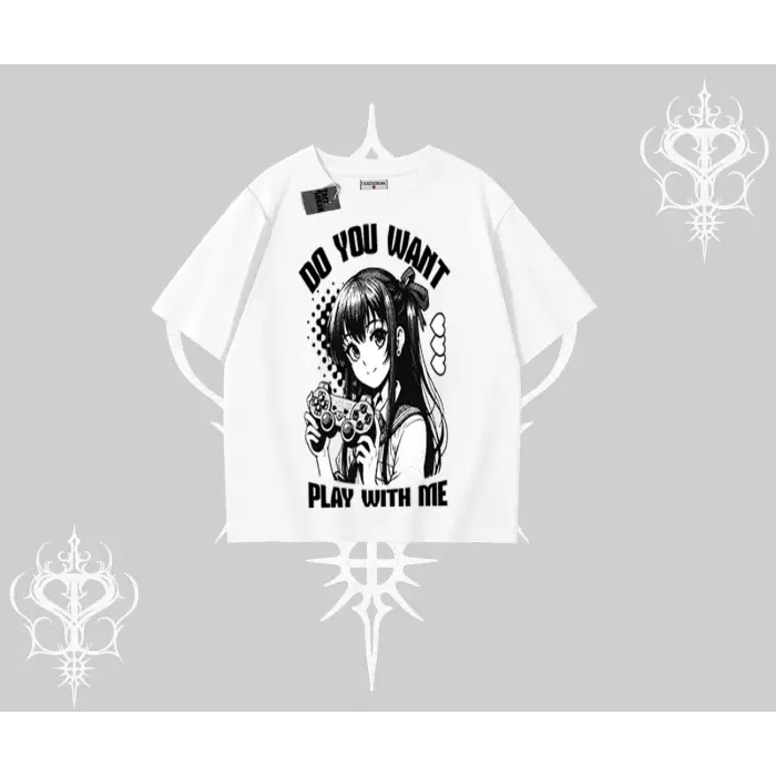 Oversize Tshirt Do You Want Play With Me Anime Kız Baskılı