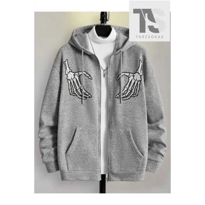 Oversize Unisex Gri İskelet Baskılı